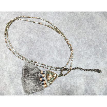 Handmade Boho Grey And Gold Tone Glass Beaded Thread Tassel Necklace