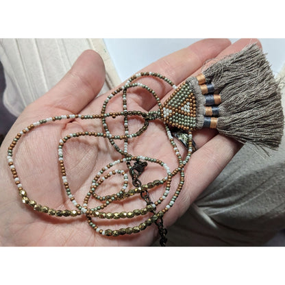 Handmade Boho Grey And Gold Tone Glass Beaded Thread Tassel Necklace