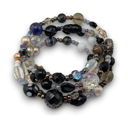 Whimsigoth Boho Black Glass Faux Pearl Memory Wire Wrap Bracelet 8 Inch
