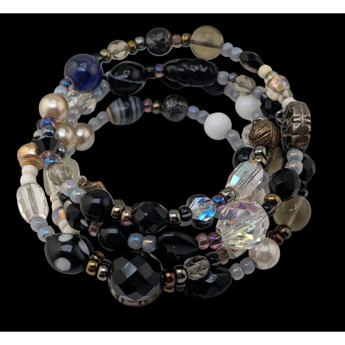 Whimsigoth Boho Black Glass Faux Pearl Memory Wire Wrap Bracelet 8 Inch