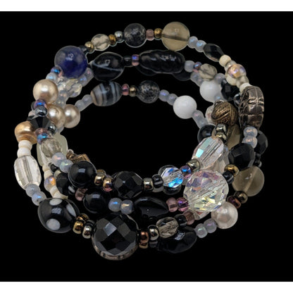 Whimsigoth Boho Black Glass Faux Pearl Memory Wire Wrap Bracelet 8 Inch
