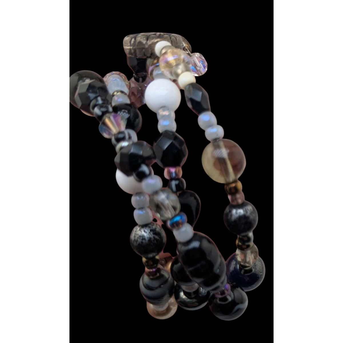 Whimsigoth Boho Black Glass Faux Pearl Memory Wire Wrap Bracelet 8 Inch
