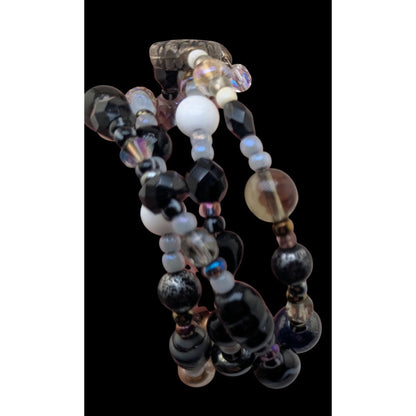Whimsigoth Boho Black Glass Faux Pearl Memory Wire Wrap Bracelet 8 Inch