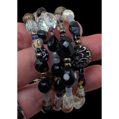 Whimsigoth Boho Black Glass Faux Pearl Memory Wire Wrap Bracelet 8 Inch
