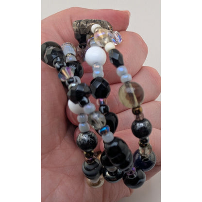 Whimsigoth Boho Black Glass Faux Pearl Memory Wire Wrap Bracelet 8 Inch