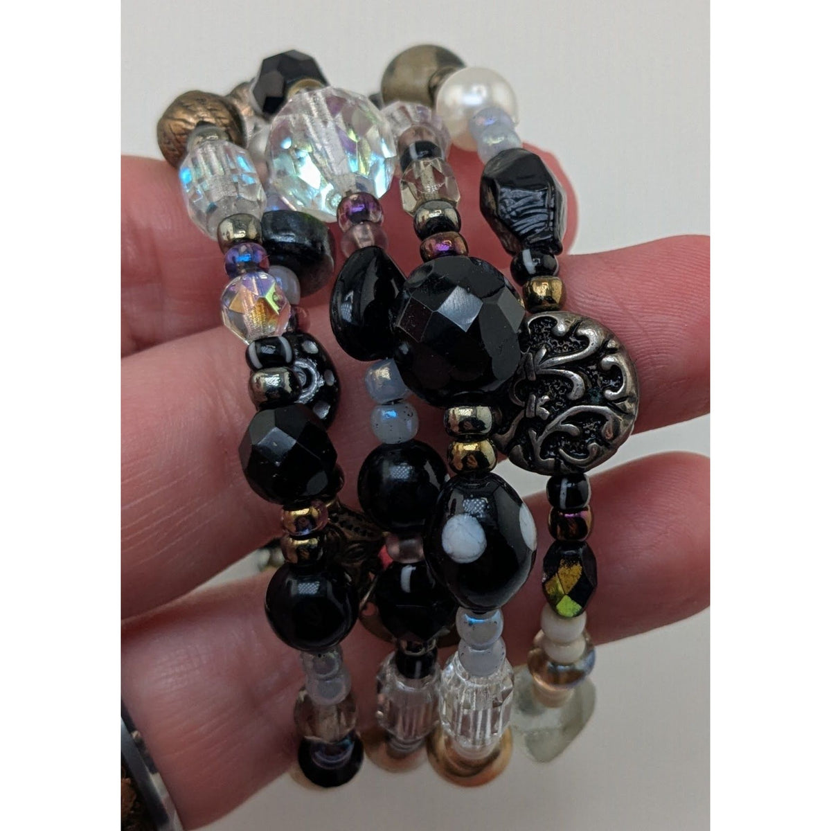 Whimsigoth Boho Black Glass Faux Pearl Memory Wire Wrap Bracelet 8 Inch