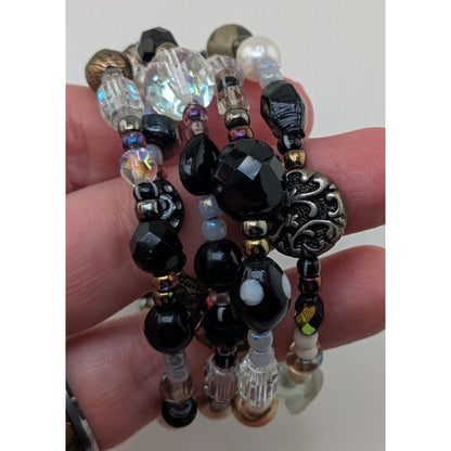 Whimsigoth Boho Black Glass Faux Pearl Memory Wire Wrap Bracelet 8 Inch
