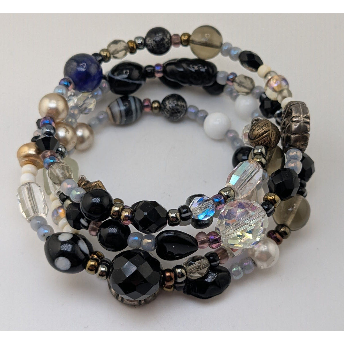 Whimsigoth Boho Black Glass Faux Pearl Memory Wire Wrap Bracelet 8 Inch