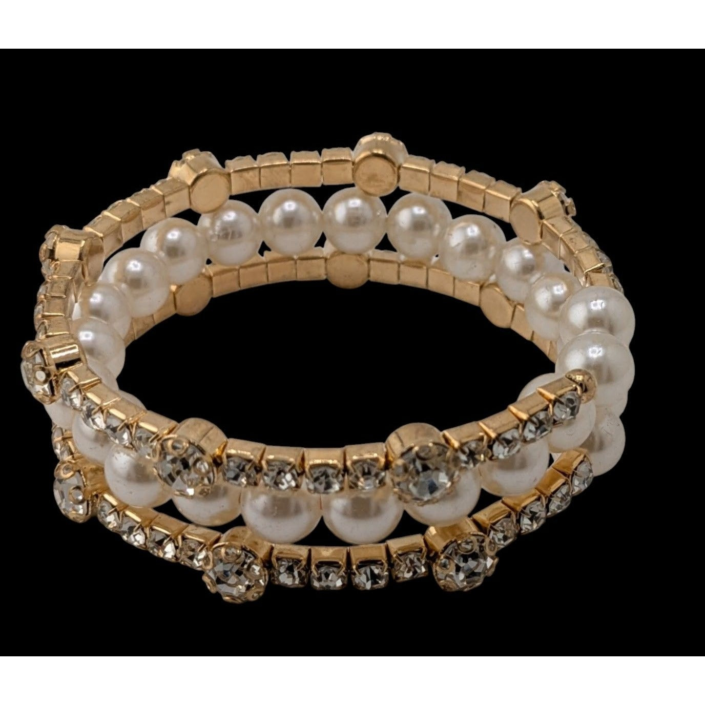 Elegant Gold Tone & Faux Pearl Coil Bracelet With Rhinestone Accents