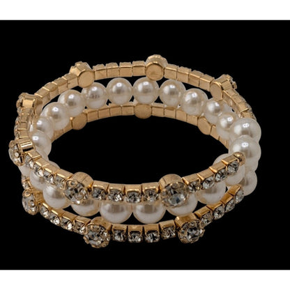 Elegant Gold Tone & Faux Pearl Coil Bracelet With Rhinestone Accents