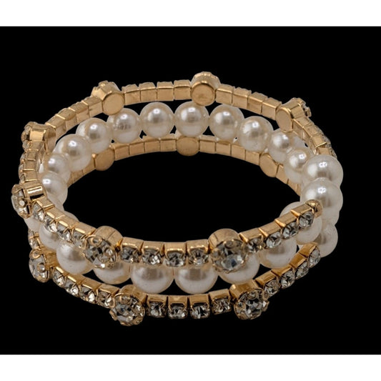 Elegant Gold Tone & Faux Pearl Coil Bracelet With Rhinestone Accents