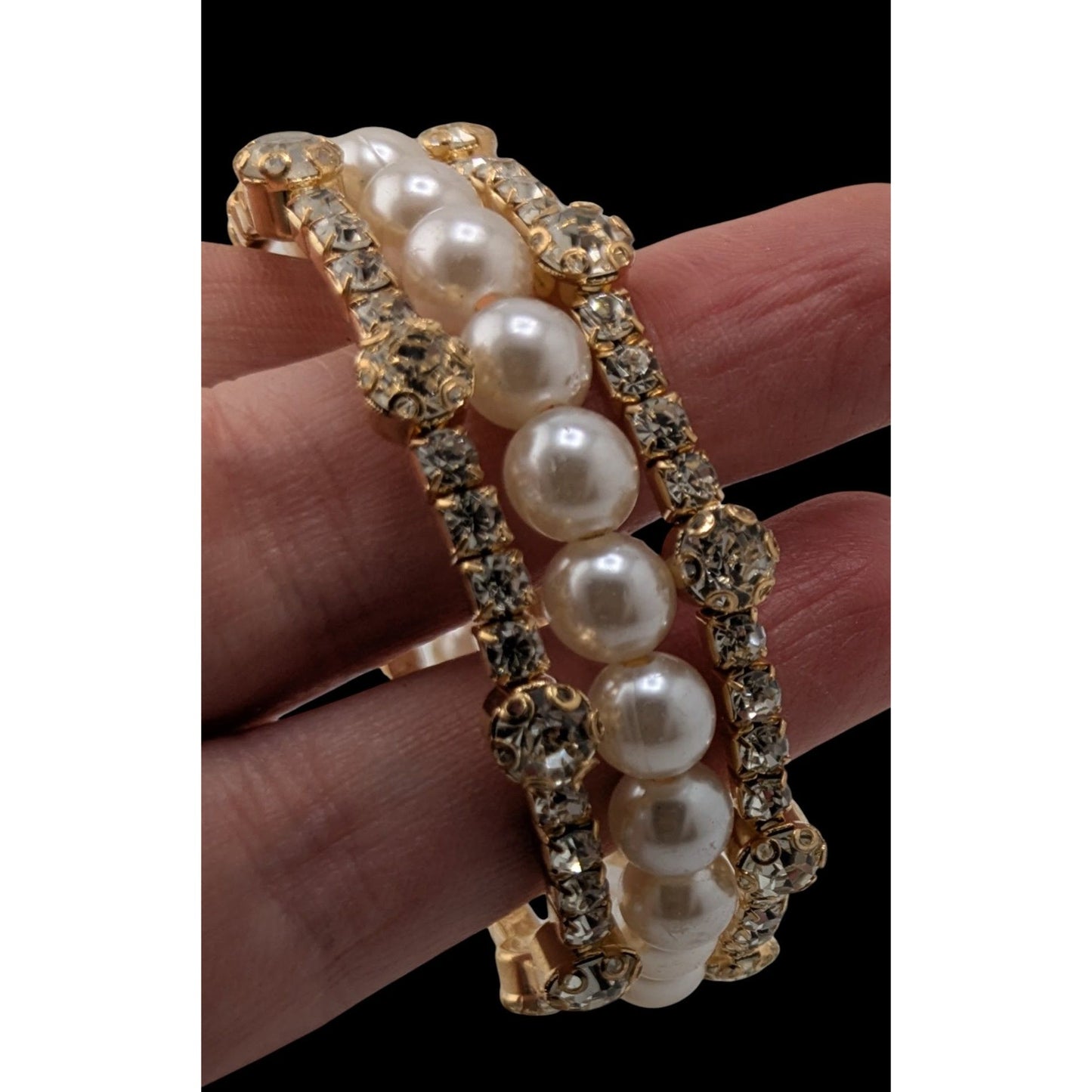 Elegant Gold Tone & Faux Pearl Coil Bracelet With Rhinestone Accents