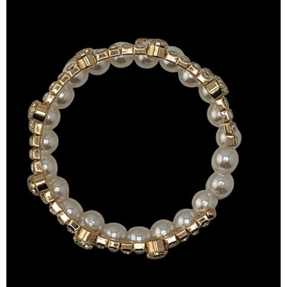 Elegant Gold Tone & Faux Pearl Coil Bracelet With Rhinestone Accents