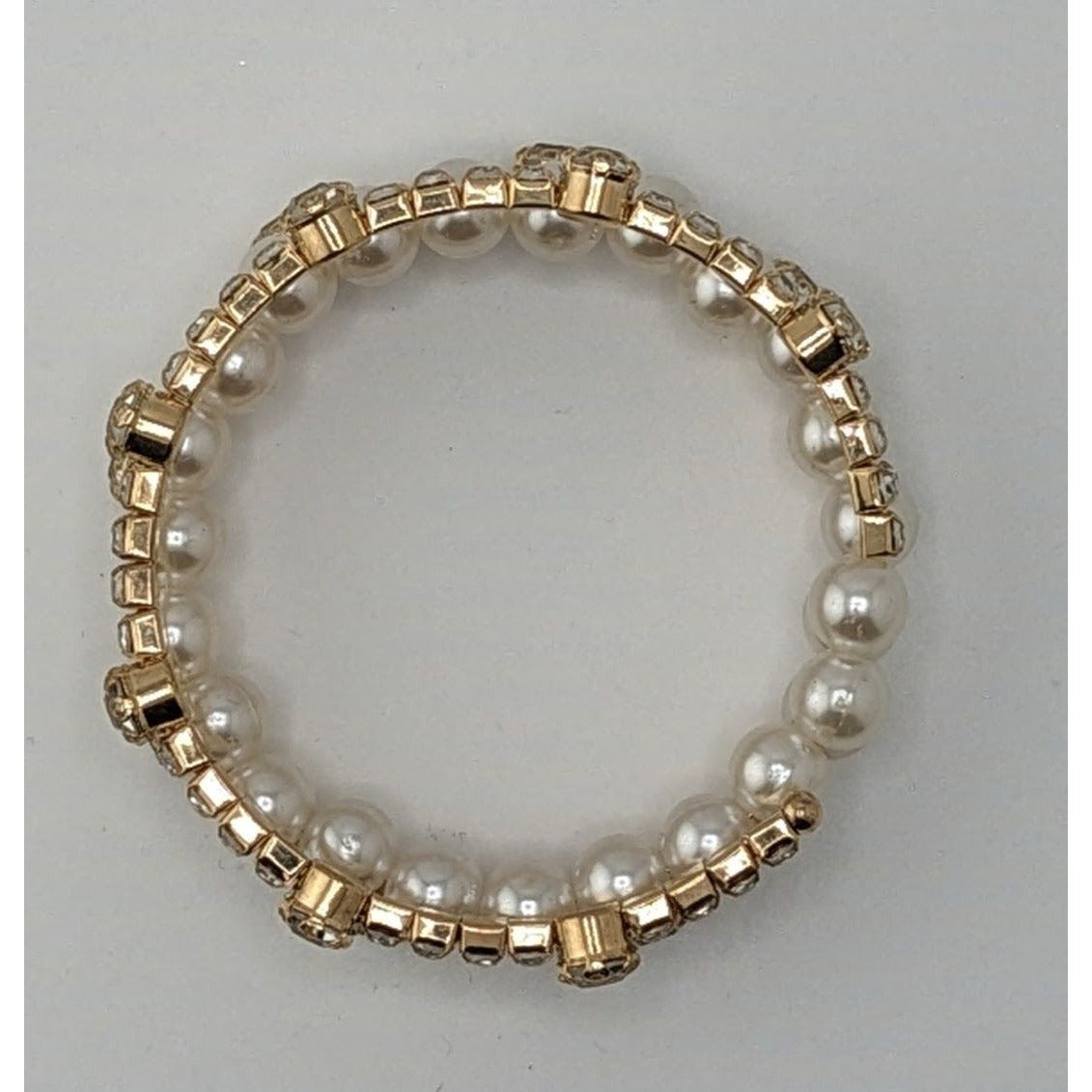 Elegant Gold Tone & Faux Pearl Coil Bracelet With Rhinestone Accents