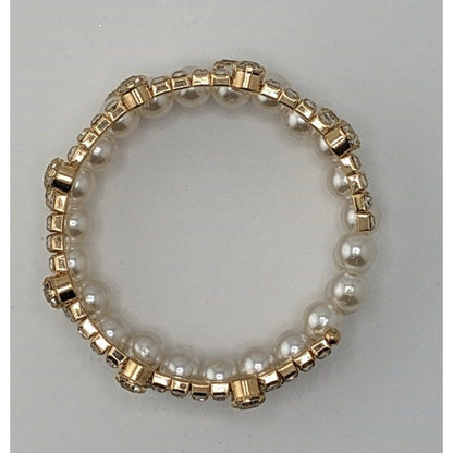 Elegant Gold Tone & Faux Pearl Coil Bracelet With Rhinestone Accents