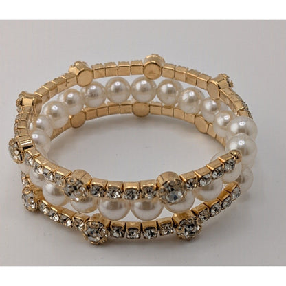 Elegant Gold Tone & Faux Pearl Coil Bracelet With Rhinestone Accents