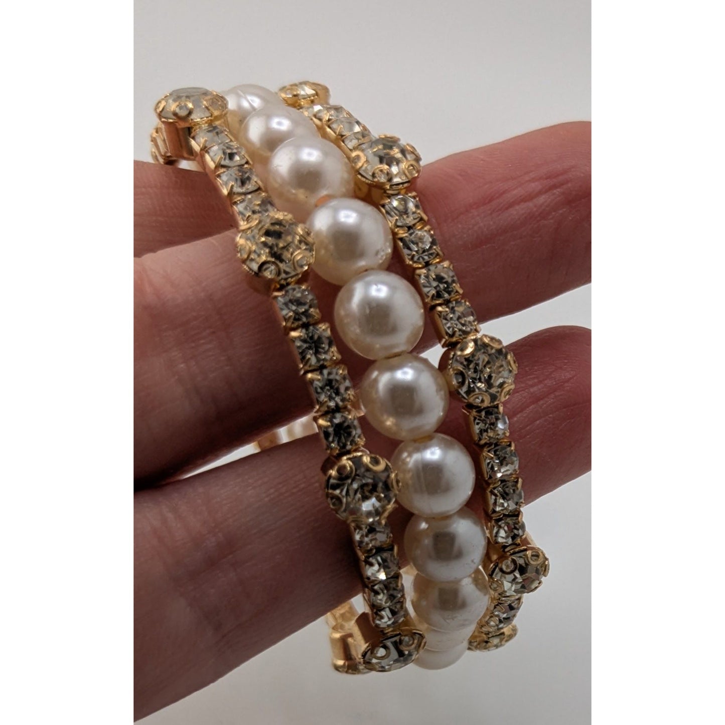 Elegant Gold Tone & Faux Pearl Coil Bracelet With Rhinestone Accents