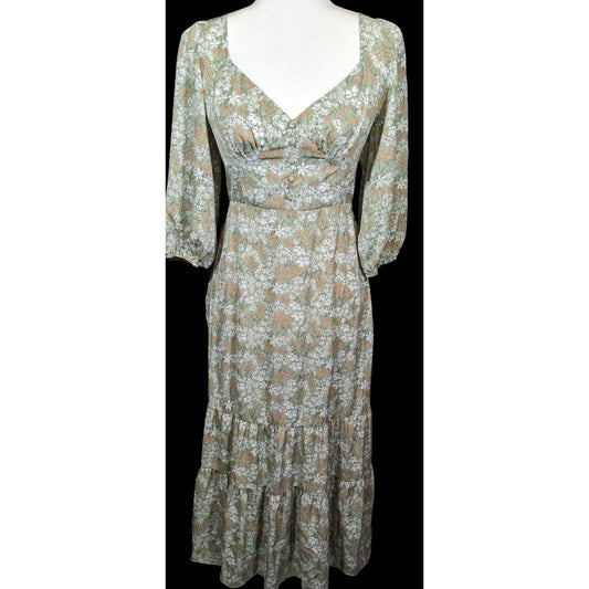 Lush Cottagecore Green Floral Dress With Lower Back Cutout