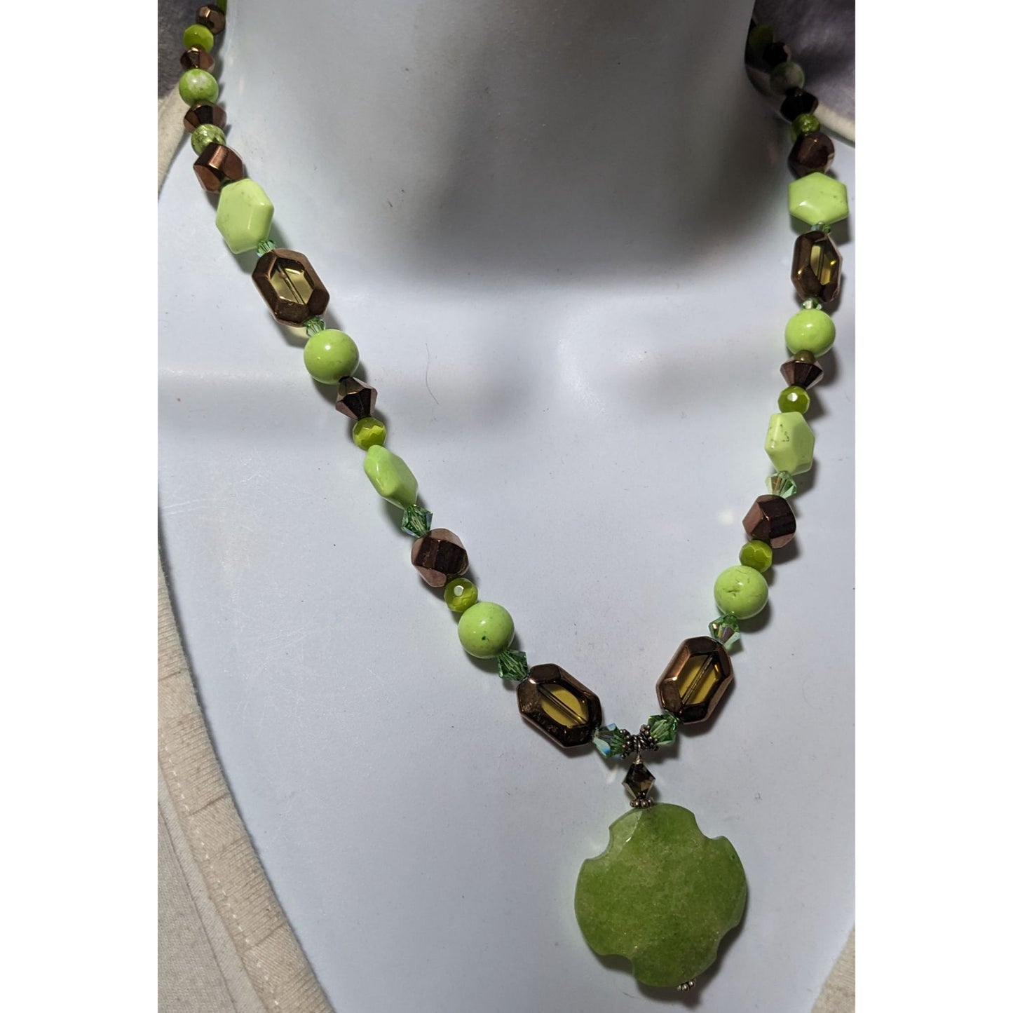 Handmade Green And Copper Glass And Stone Pendant Necklace