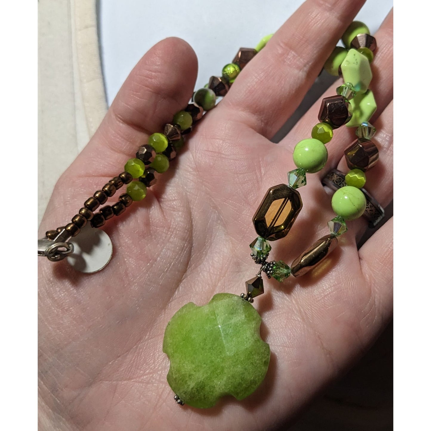 Handmade Green And Copper Glass And Stone Pendant Necklace