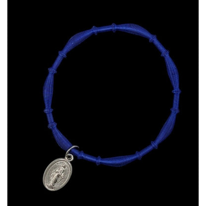 Religious Miraculous Medal Charm Bracelet On Blue Coiled Wire