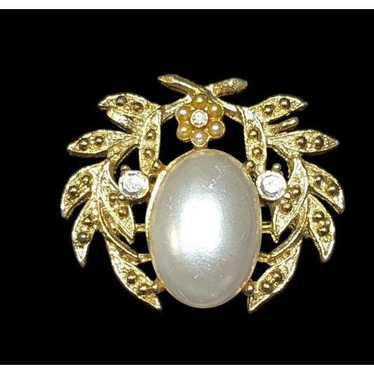 Vintage Floral Gold Tone Brooch With Faux Pearl Cabochon And Rhinestones