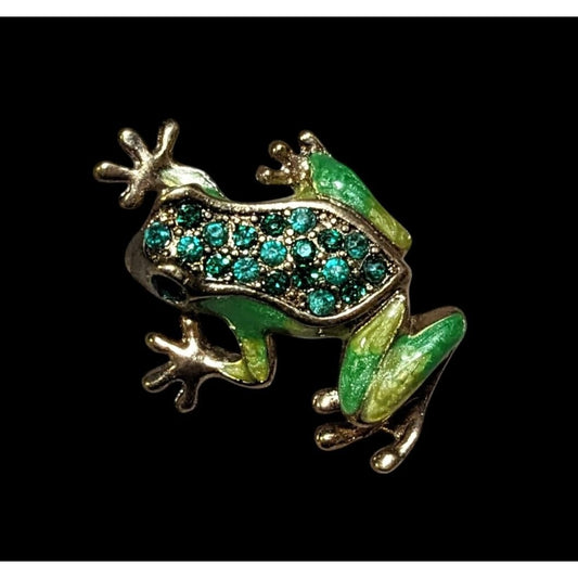 Vintage Liz Claiborne Green And Gold Enamel Rhinestone Frog Brooch