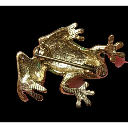 Vintage Liz Claiborne Green And Gold Enamel Rhinestone Frog Brooch