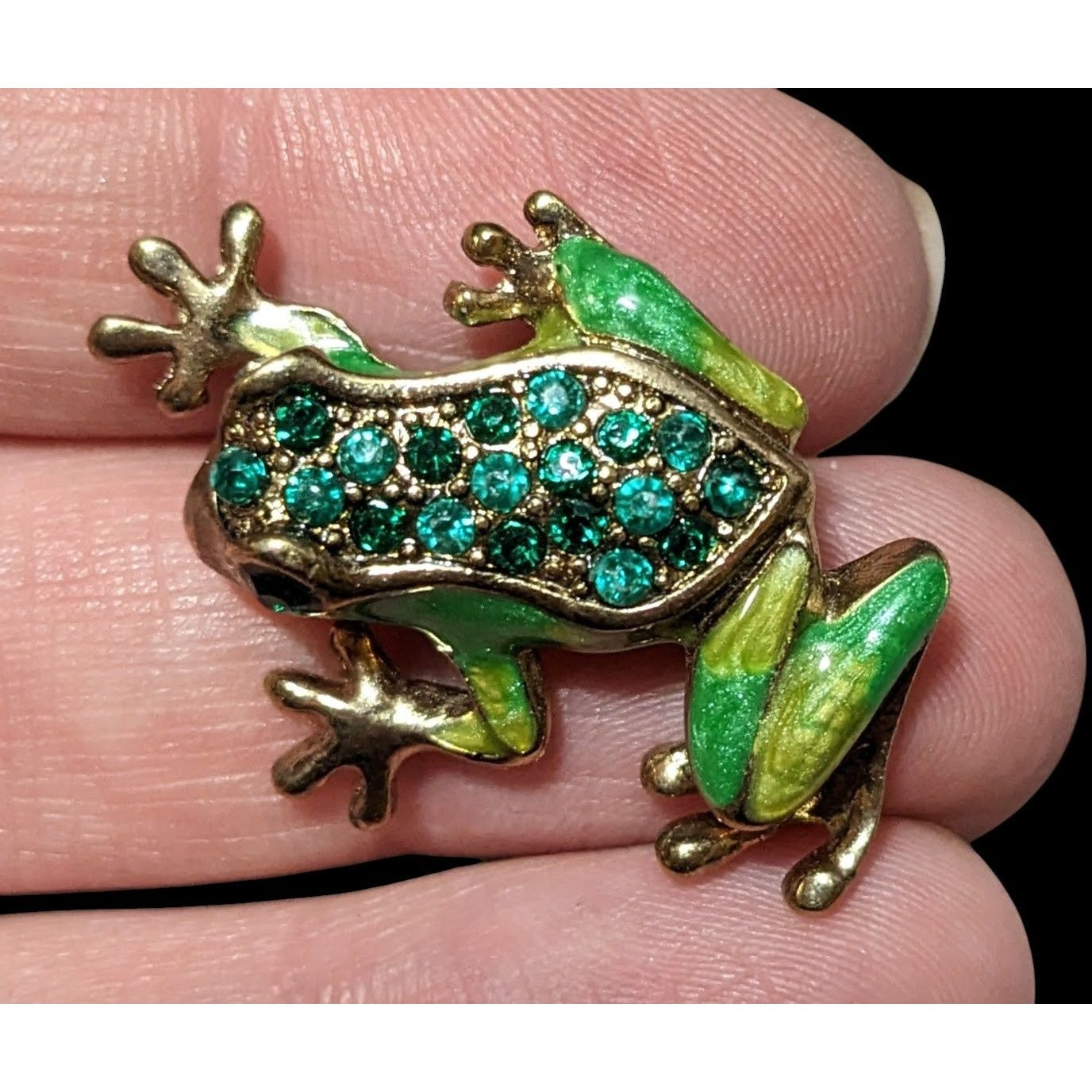 Vintage Liz Claiborne Green And Gold Enamel Rhinestone Frog Brooch