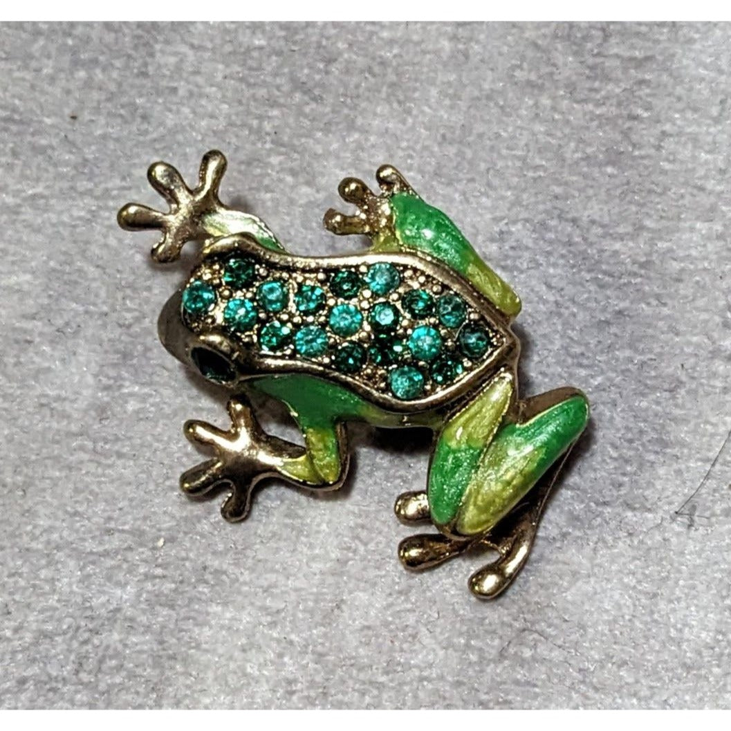 Vintage Liz Claiborne Green And Gold Enamel Rhinestone Frog Brooch