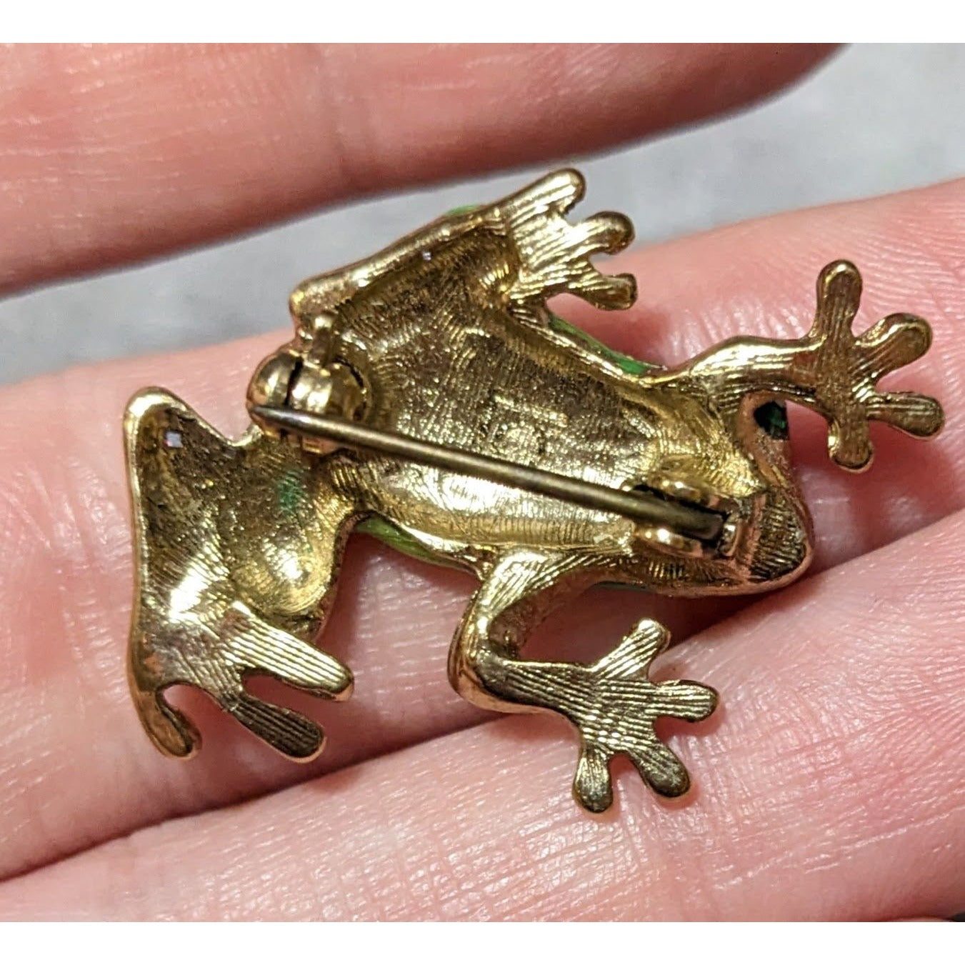 Vintage Liz Claiborne Green And Gold Enamel Rhinestone Frog Brooch