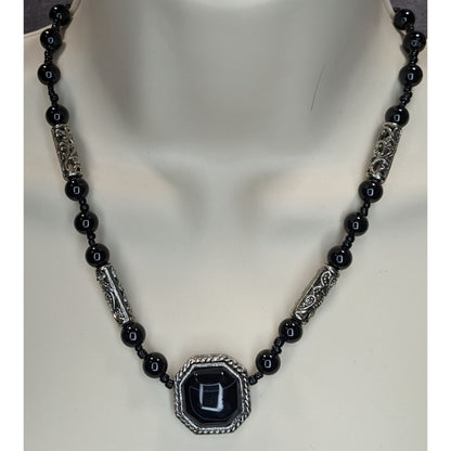 Vintage Black Onyx Beaded Necklace Silver Filigree Statement Gothic Classic