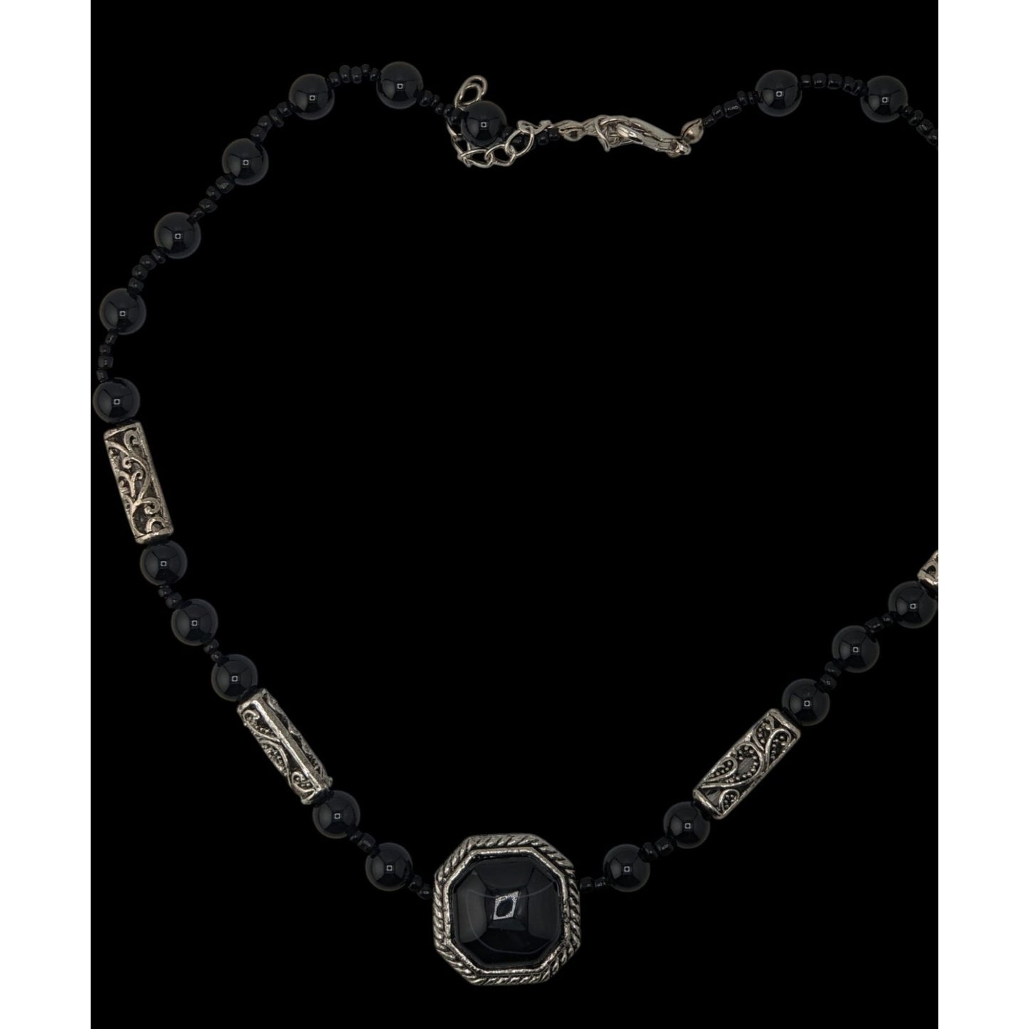 Vintage Black Onyx Beaded Necklace Silver Filigree Statement Gothic Classic