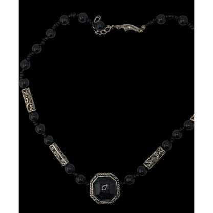 Vintage Black Onyx Beaded Necklace Silver Filigree Statement Gothic Classic