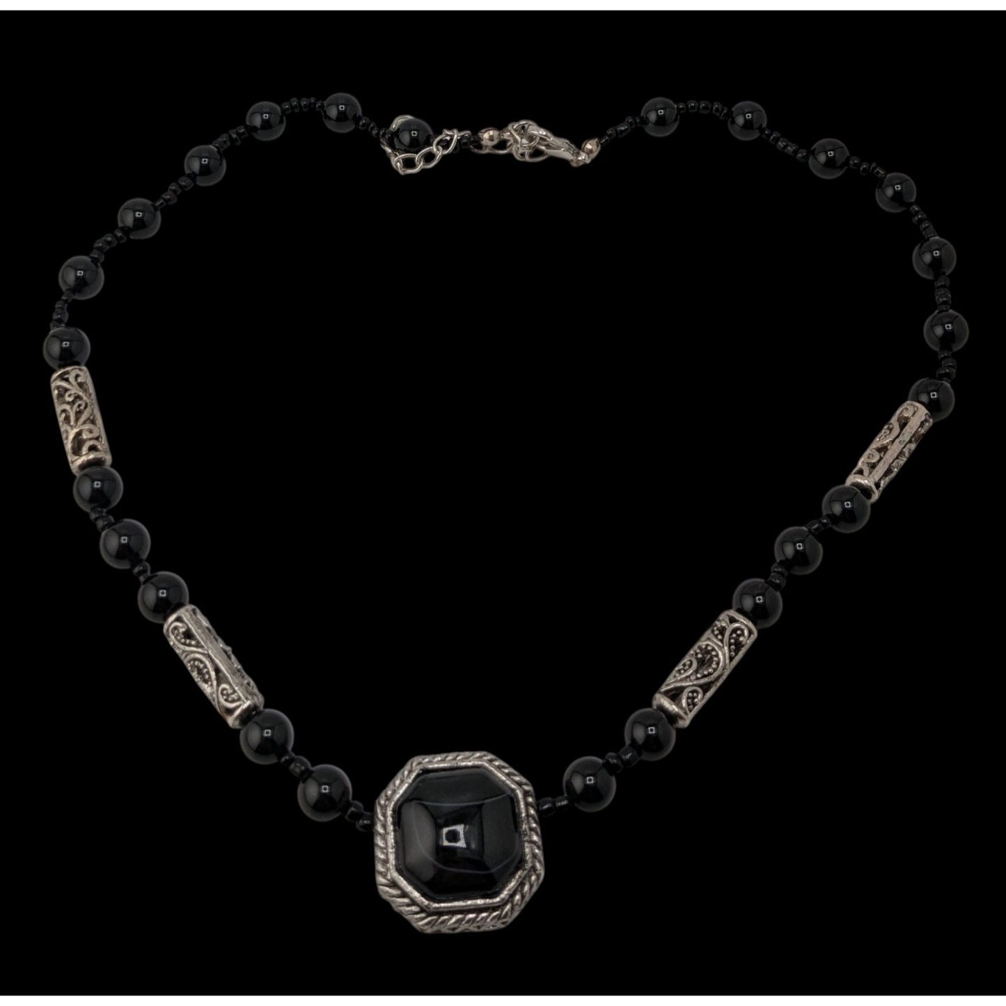 Vintage Black Onyx Beaded Necklace Silver Filigree Statement Gothic Classic
