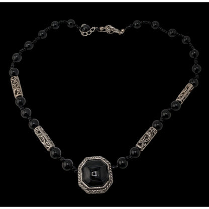 Vintage Black Onyx Beaded Necklace Silver Filigree Statement Gothic Classic