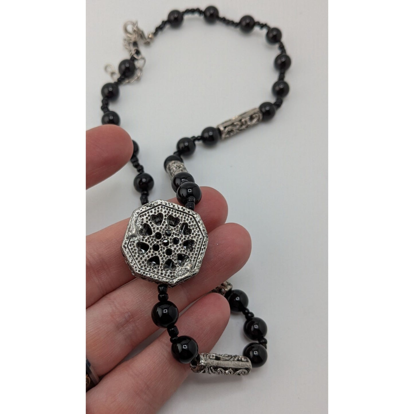 Vintage Black Onyx Beaded Necklace Silver Filigree Statement Gothic Classic