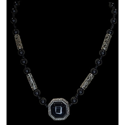 Vintage Black Onyx Beaded Necklace Silver Filigree Statement Gothic Classic