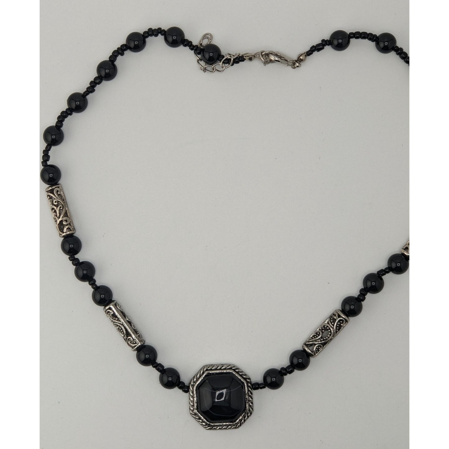 Vintage Black Onyx Beaded Necklace Silver Filigree Statement Gothic Classic