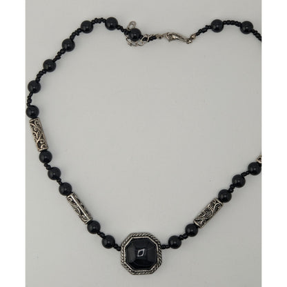 Vintage Black Onyx Beaded Necklace Silver Filigree Statement Gothic Classic