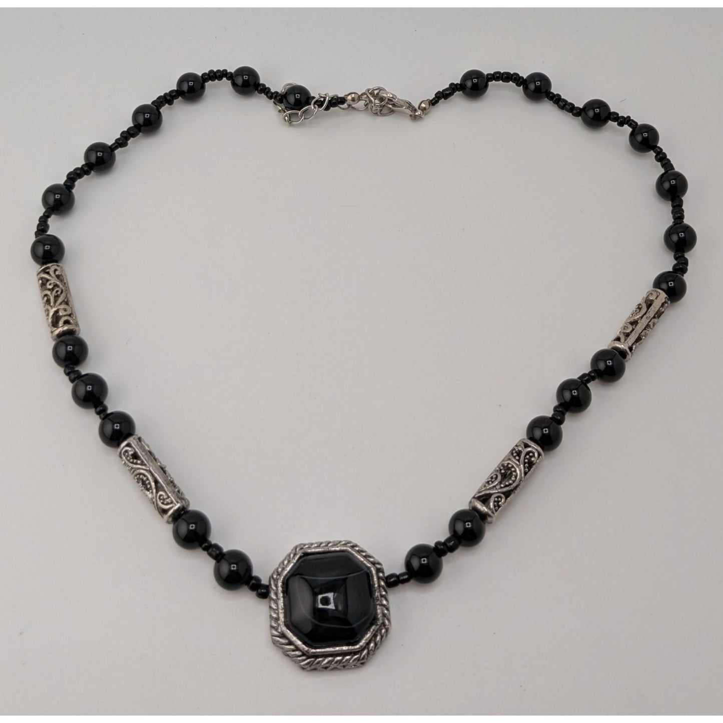 Vintage Black Onyx Beaded Necklace Silver Filigree Statement Gothic Classic