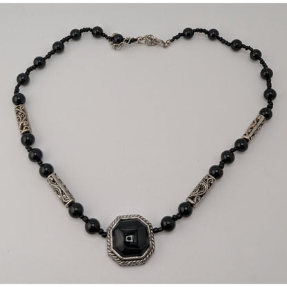 Vintage Black Onyx Beaded Necklace Silver Filigree Statement Gothic Classic