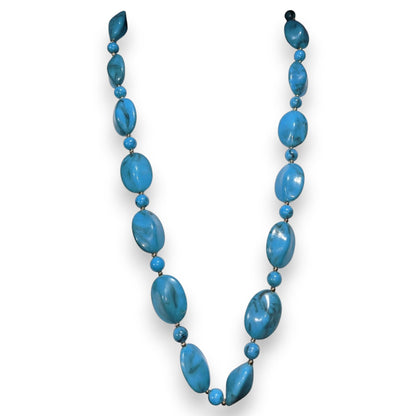 Boho Faux Stone Blue Black Swirl Beaded Necklace 23 Inch Preowned