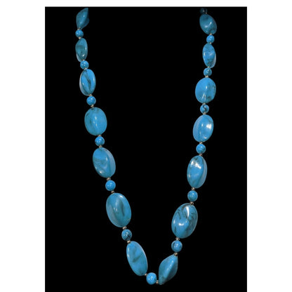 Boho Faux Stone Blue Black Swirl Beaded Necklace 23 Inch Preowned