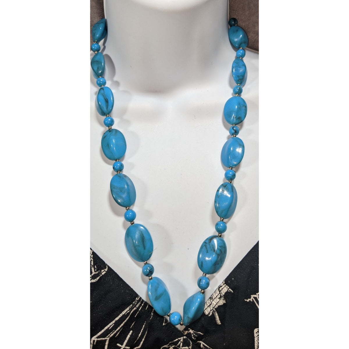 Boho Faux Stone Blue Black Swirl Beaded Necklace 23 Inch Preowned