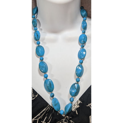 Boho Faux Stone Blue Black Swirl Beaded Necklace 23 Inch Preowned