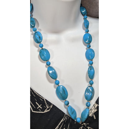 Boho Faux Stone Blue Black Swirl Beaded Necklace 23 Inch Preowned