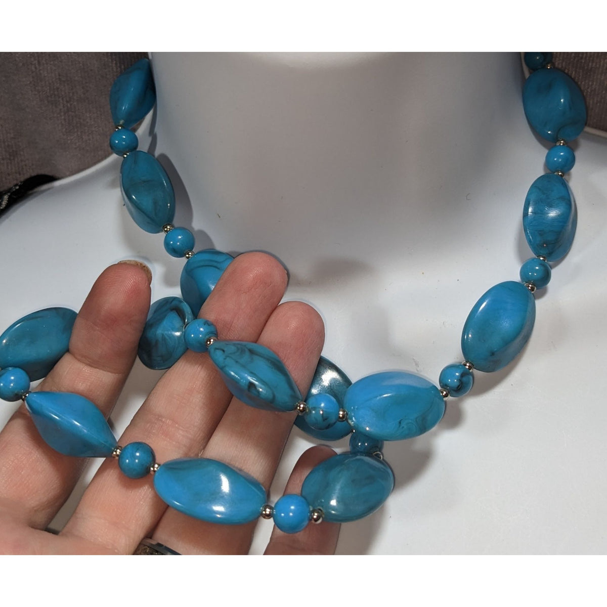 Boho Faux Stone Blue Black Swirl Beaded Necklace 23 Inch Preowned