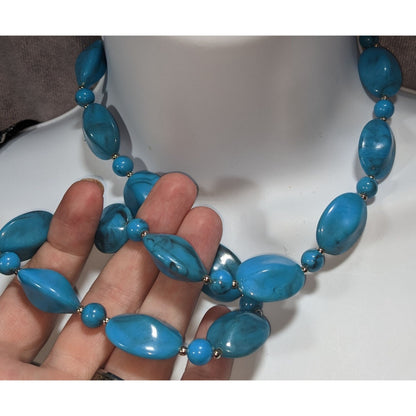 Boho Faux Stone Blue Black Swirl Beaded Necklace 23 Inch Preowned
