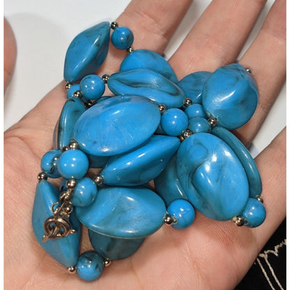 Boho Faux Stone Blue Black Swirl Beaded Necklace 23 Inch Preowned